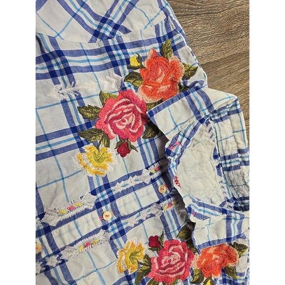 Johnny Was Women's Large Poplin Shirt Dress Tunic Plaid Embroidered Floral - Picture 8 of 15